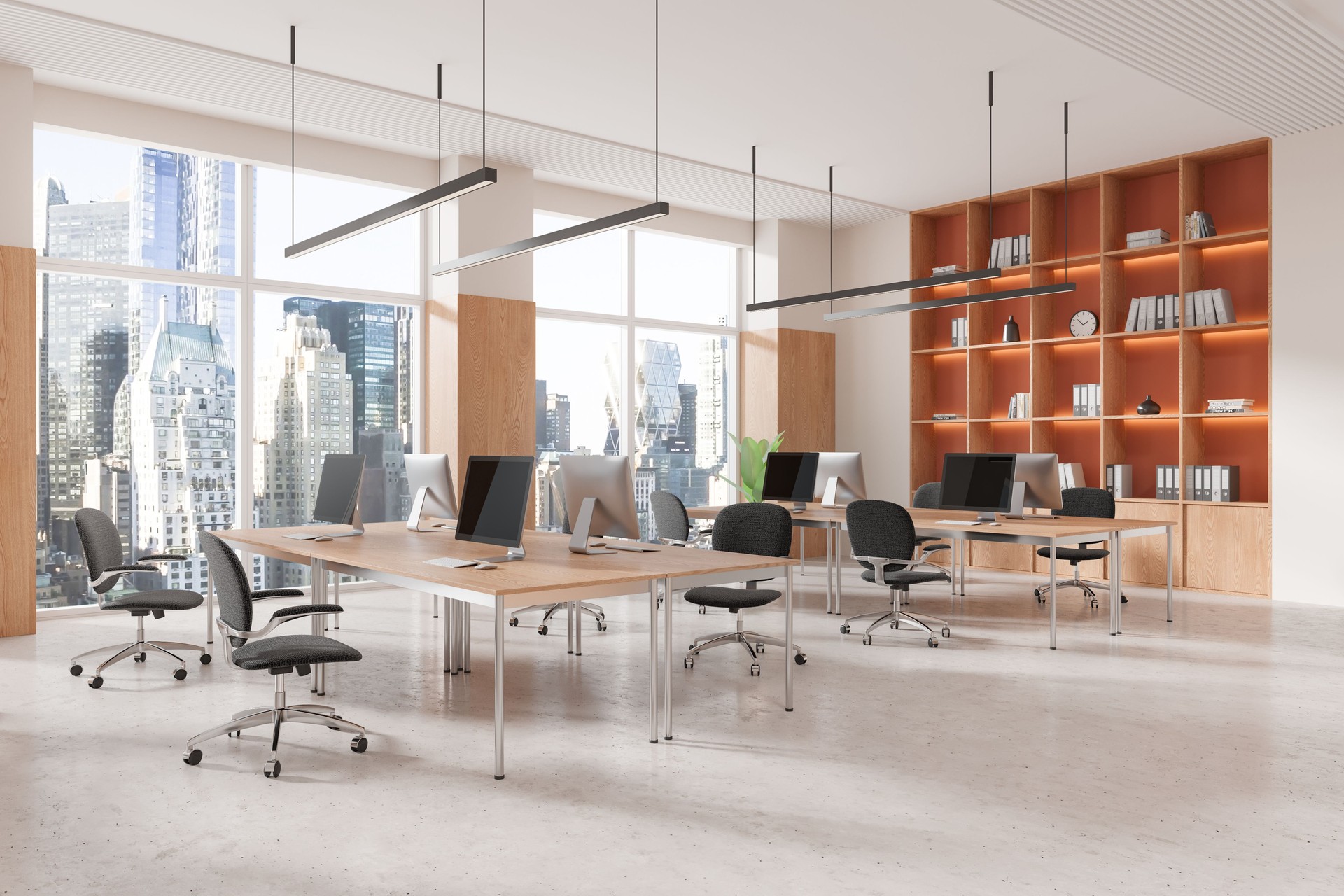 Modern open-space office interior with city view. 3D Rendering